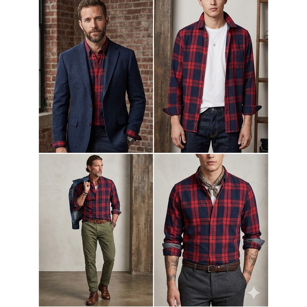 Tommy Hilfiger Mens Plaid Button Down Shirt Red Navy Blue Long Sleeve Medium